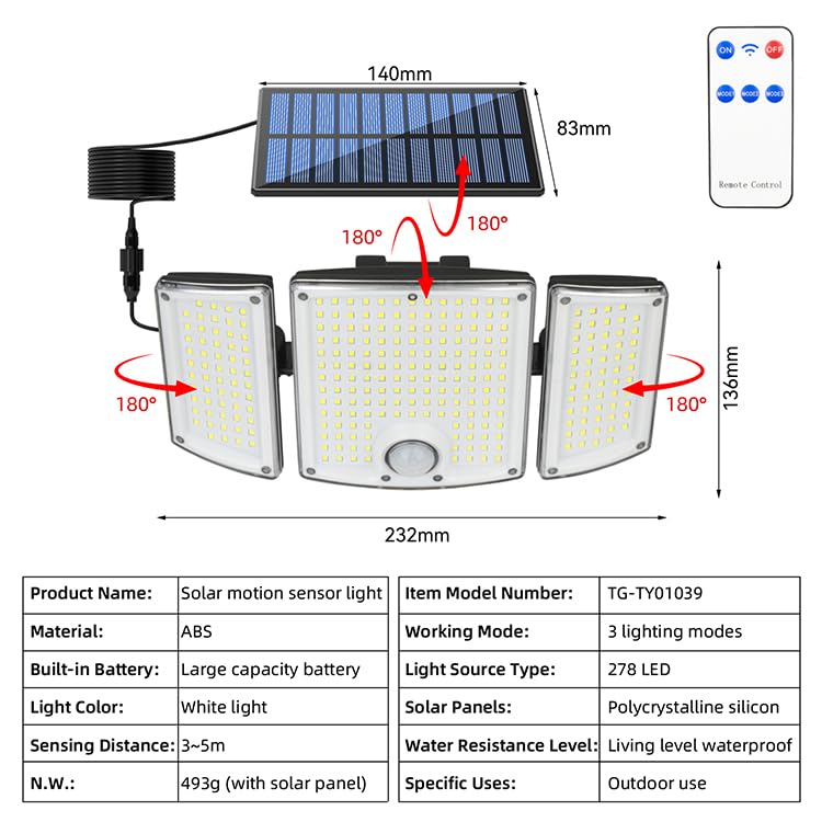 Briksy Solar Motion Sensor Outdoor Lights, 278 LED Solar Bright Security Flood Lights with Remote, Adjustable 3 Head Night Lighting with 3 Modes, IP65 Waterproof for Outside Garden, Garage, Yard