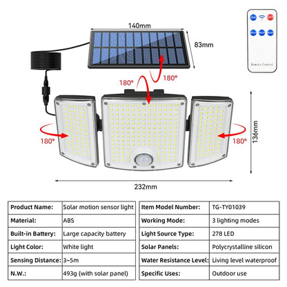 Briksy Solar Motion Sensor Outdoor Lights, 278 LED Solar Bright Security Flood Lights with Remote, Adjustable 3 Head Night Lighting with 3 Modes, IP65 Waterproof for Outside Garden, Garage, Yard