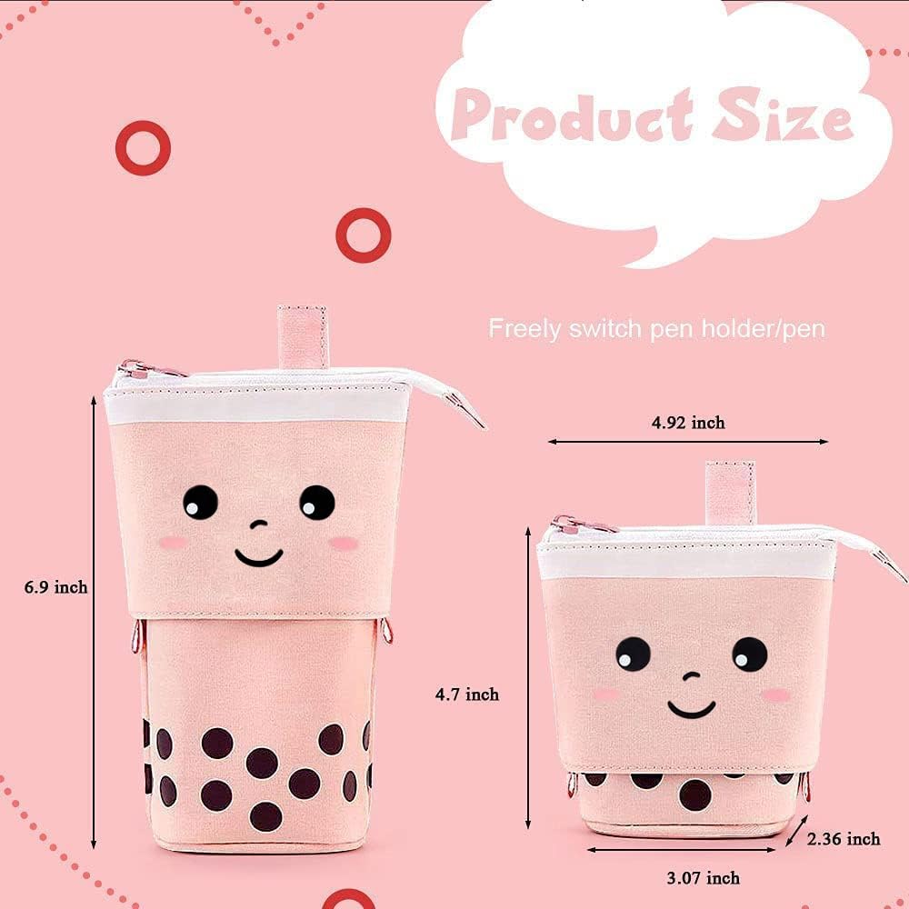 3 Pack Cute Pencil Case Standing Pen Holder Standing Pencil Case Cute Telescopic Kawaii Stationery Pouch Makeup Cosmetics Bag for School Students Office Teens Girls Boys (Pink Brown Blue)