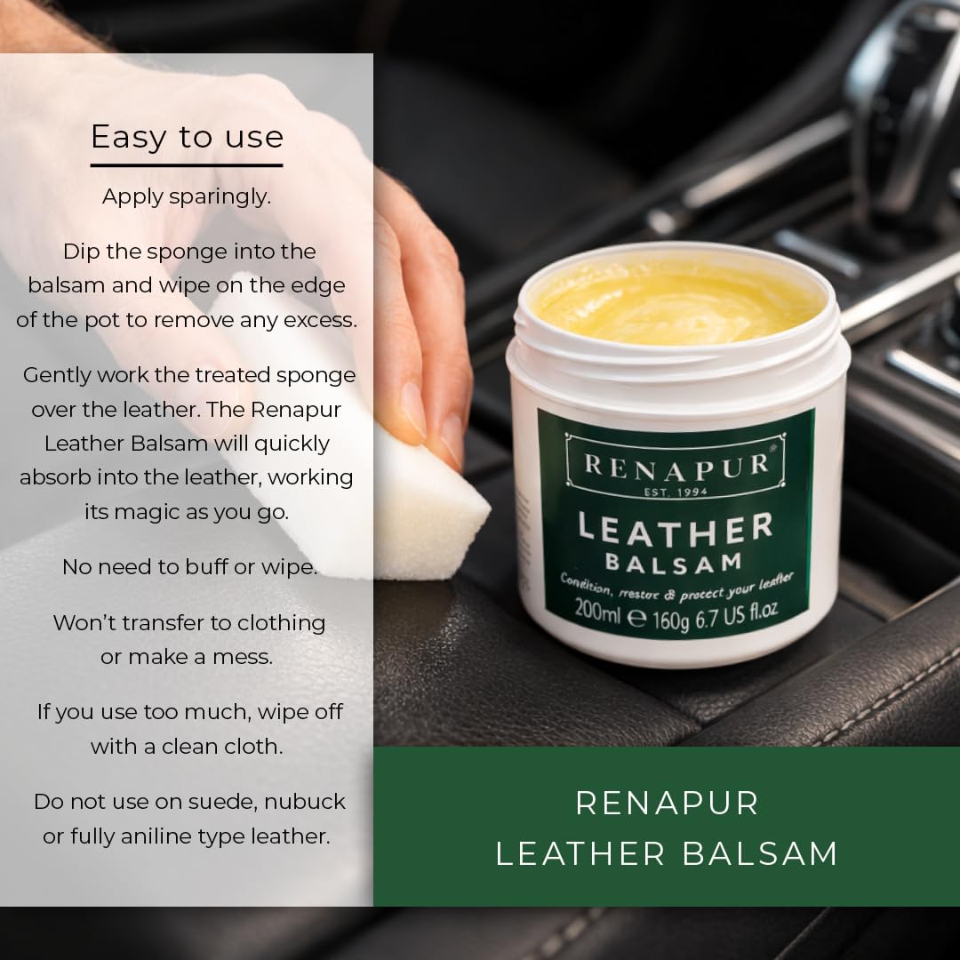 Renapur Leather Balsam, Natural Conditioner, Protector and Restorer — for Leather Furniture, footwear, Purses & Bags, Car interiors & Bikes, Saddlery & Tack. (6.7 fl oz + Applicator Sponge)