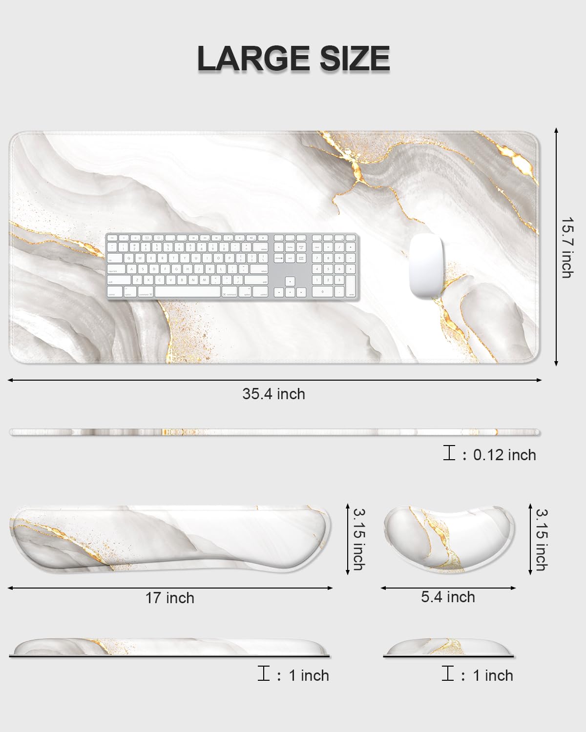 Auhoahsil Keyboard Mouse Pad Set, XXL Large Desk Pad+Keyboard Wrist Rest+Mouse Cushion Support, Ergonomic Memory Foam, 35.5'' x 15.7'' Extended Mousepad, for Office & Gaming,White Gold Gray Marble