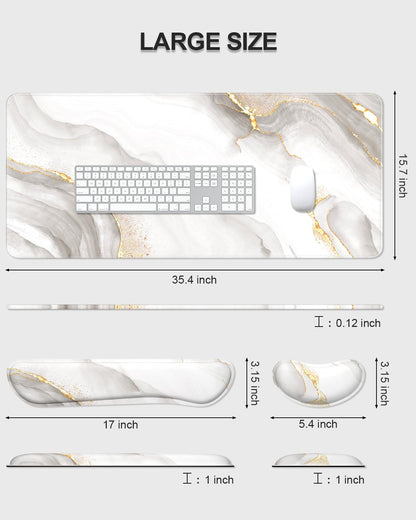 Auhoahsil Keyboard Mouse Pad Set, XXL Large Desk Pad+Keyboard Wrist Rest+Mouse Cushion Support, Ergonomic Memory Foam, 35.5'' x 15.7'' Extended Mousepad, for Office & Gaming,White Gold Gray Marble