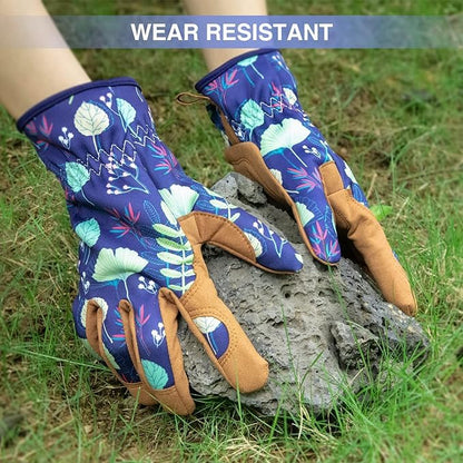 Womens Garden Gloves for Women Womens, Leather Ladies Gardening Heavy Duty Gloves Gifts, Weed Pulling Work Gloves for Planting, Pruning (Deep Blue, Medium)