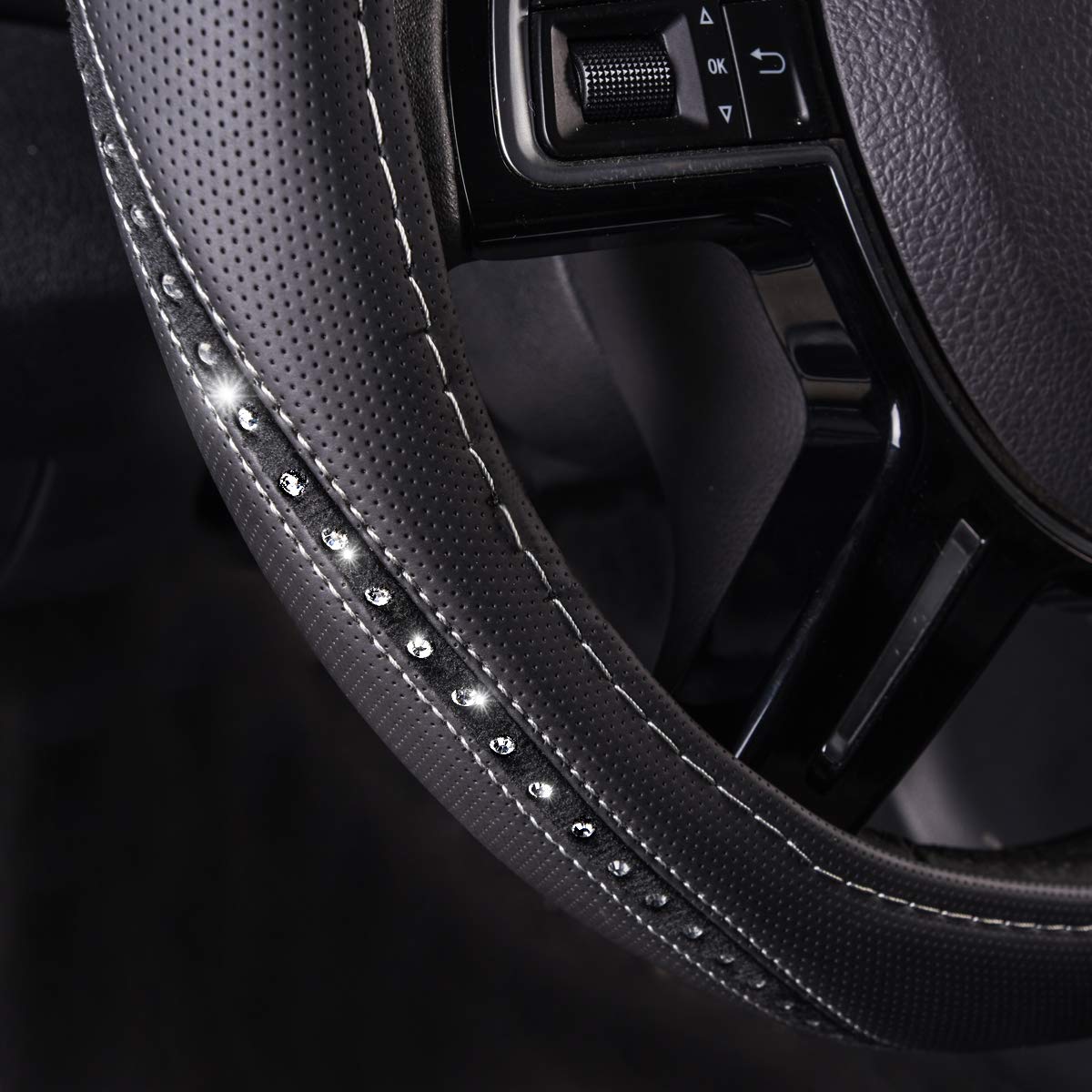 CAR PASS Bling Diamond Leather Steering Wheel Cover, Studded Crystal Rhinestones Universal Fit 14" 1/2-15" Crystal Glitter for Women Sparkle Girl Fit Suvs,Vans,Sedans,Cars,Trucks, Silver Diamond