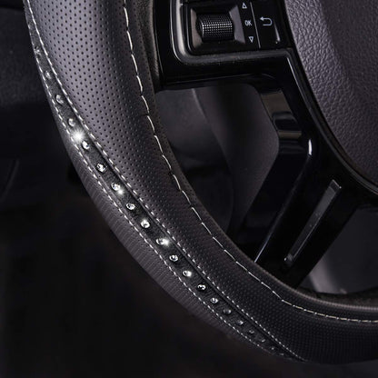 CAR PASS Bling Diamond Leather Steering Wheel Cover, Studded Crystal Rhinestones Universal Fit 14" 1/2-15" Crystal Glitter for Women Sparkle Girl Fit Suvs,Vans,Sedans,Cars,Trucks, Silver Diamond