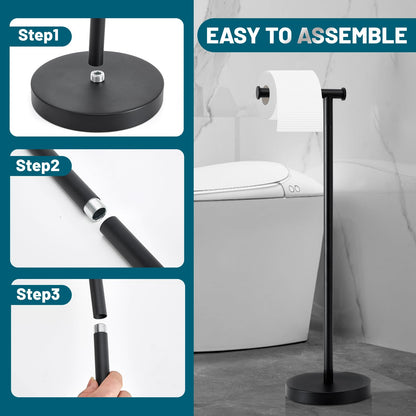 Toilet Paper Holder Stand, Toilet Paper Holder Free Standing with Stable Weighted Base, Water Proof & Rustproof Toilet Paper Stand Black, Large Capacity Free Standing Toilet Paper Roll Holder