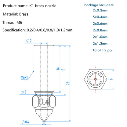 15PCS K1 Brass Nozzles Kit, 3D Printer High Speed 5PCS 0.4mm Nozzles and 2PCS 0.2mm, 0.6mm, 0.8mm, 1.0mm, 1.2mm Nozzles Kit for K1, K1 Max, Ender 3 V3 KE