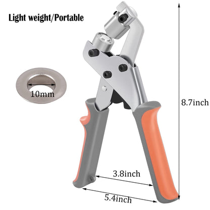 KING PIECES LACUISINE Grommet Tool Kit Handheld Hole Punch Pliers Portable Grommet Hand Press Machine Manual Puncher w/ 500pcs Silver Grommets of 3/8 Inch (10mm)
