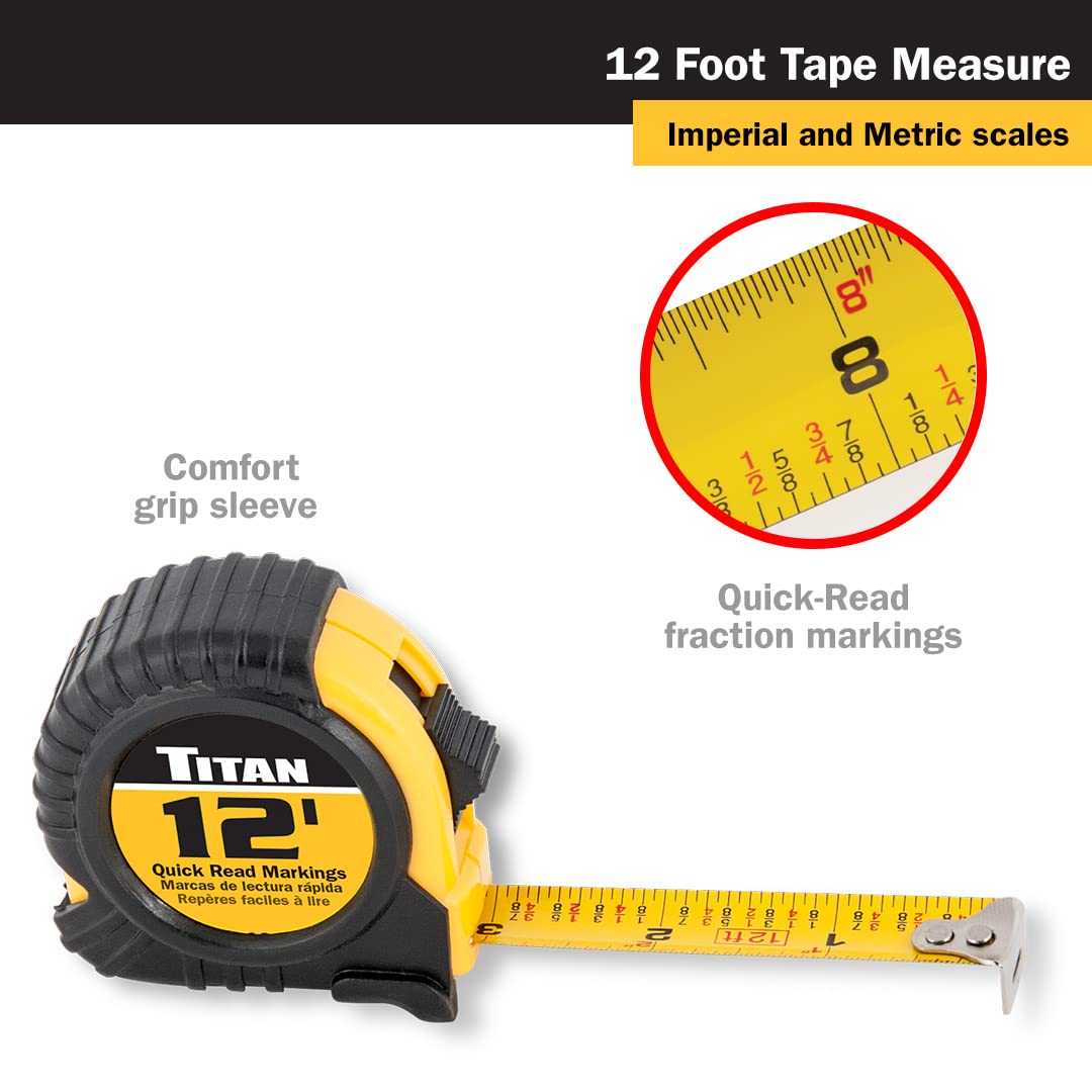 Titan 10912 6-Piece 12-Foot Tape Measure Bulk Set with Easy-Read Standard Markings and Durable Case