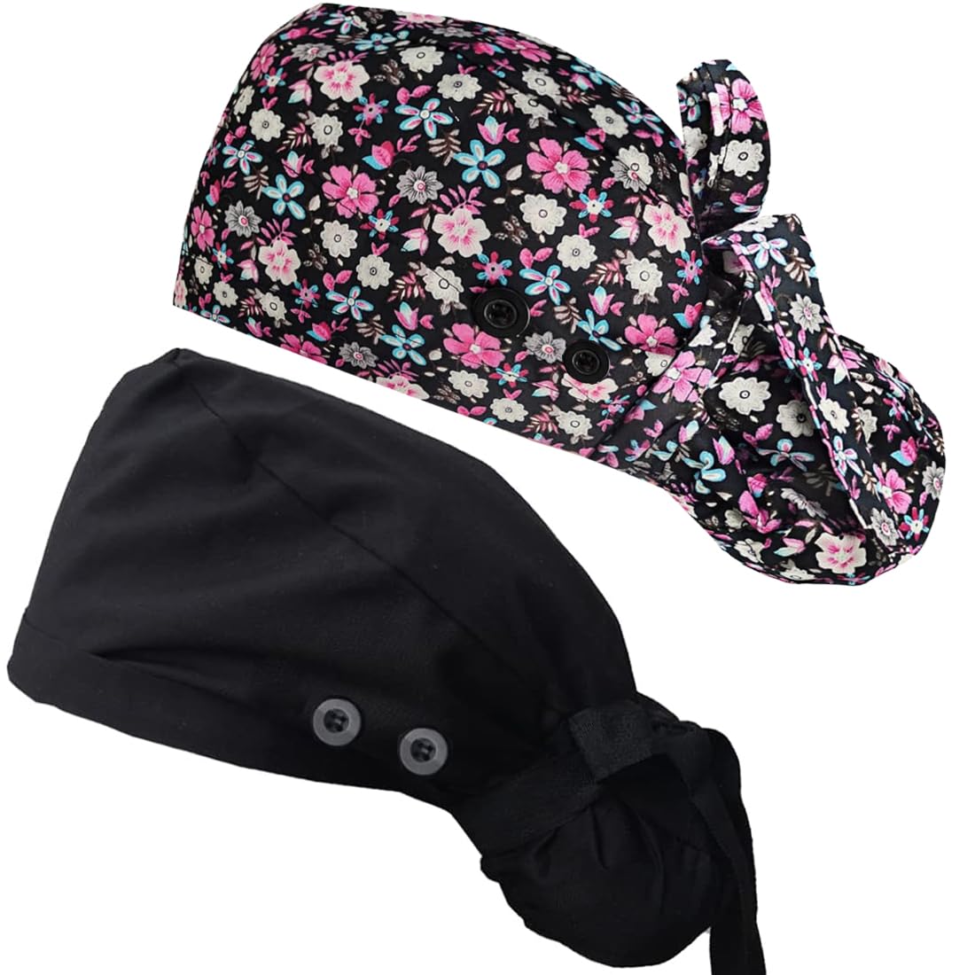 ATHPIK Satin-Lined Surgical Scrub Caps for Nurses/Doctors with Long Hair –Breathable Cotton Surgeon Cap for Healthcare Professionals（Black/Little Pink Rose