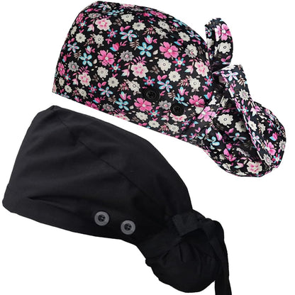 ATHPIK Satin-Lined Surgical Scrub Caps for Nurses/Doctors with Long Hair –Breathable Cotton Surgeon Cap for Healthcare Professionals（Black/Little Pink Rose