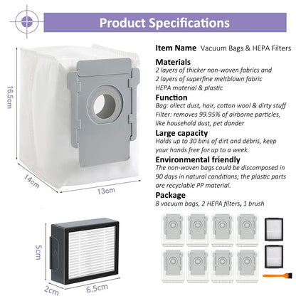 Vacuum Dust Bags and HEPA Filters: Compatible with iRobot Roomba i3 i3+ i4 i4+ i6 i6+ i7 i7+ i8 i8+ Vacuum Cleaner - 8+2pack