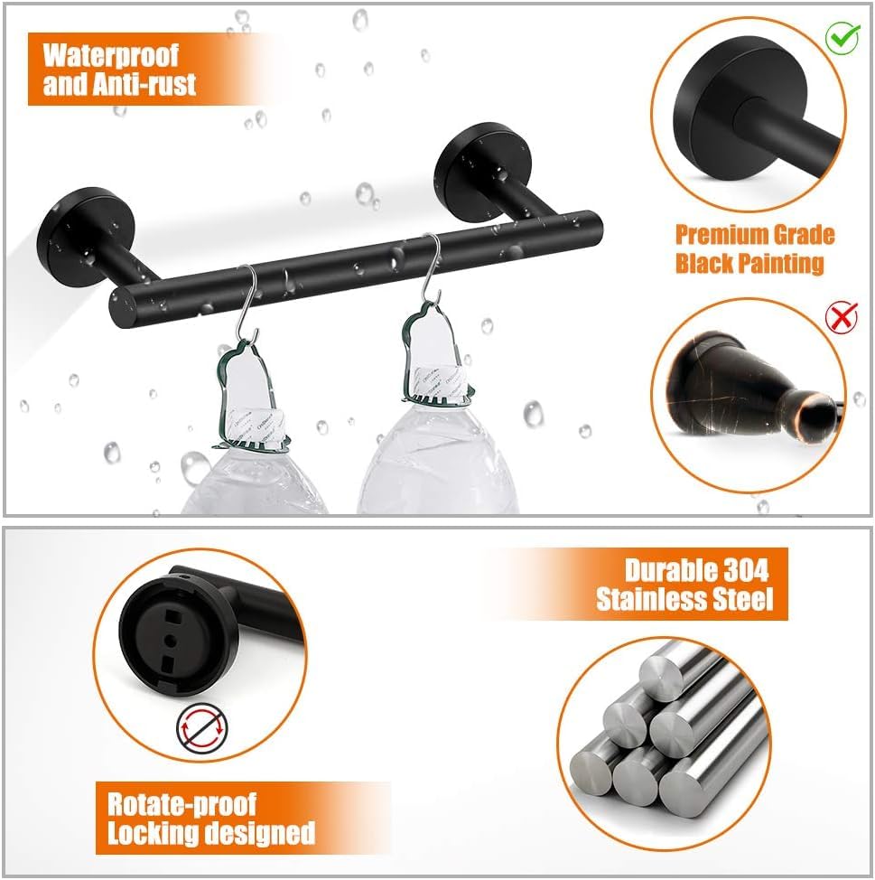 5 Piece Bathroom Hardware Set Matte Black Bathroom Accessories SUS304 Stainless Steel Include 16" Towel Rod, Toilet Paper Holder, Multifunctional Hooks