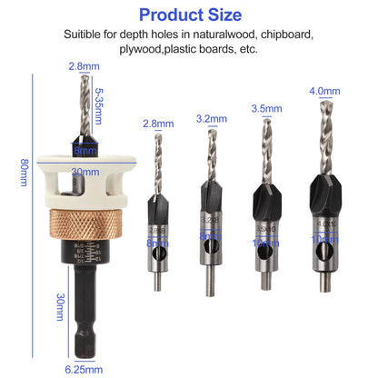 4PCS Countersink Drill Bit Set, Woodworking Countersink Drill Bit with Adjustable Depth Stop and Allen Wrenches, Quick Change Hex Shank Drill Bits Woodworking Tools 82-Degree Chamfer (A)