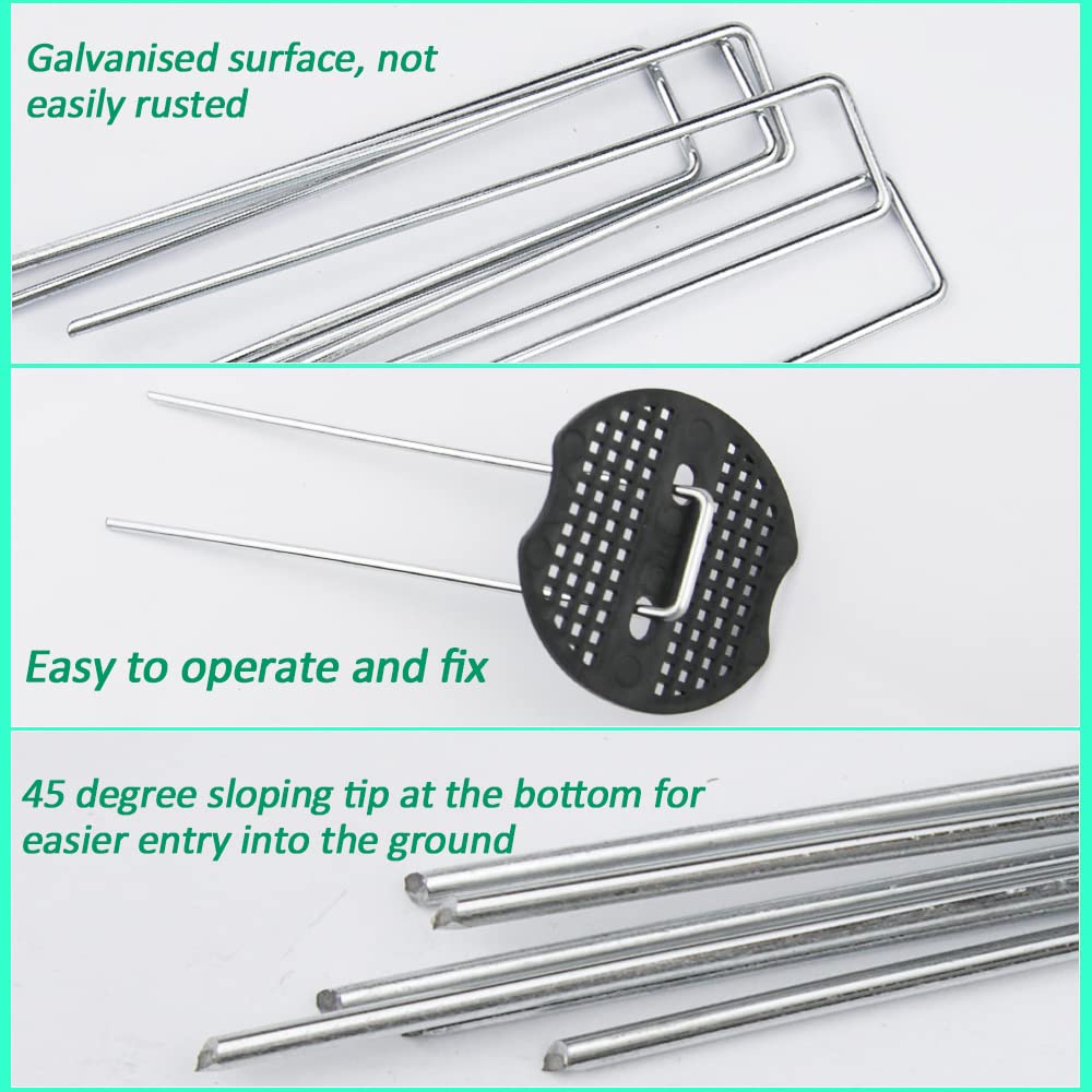 100PCS Galvanized Steel Garden Stakes with 100PCS Gasket, Heavy Duty Landscape Pegs of Anti Rust U Shaped for Securing Artificial Grass Weed Ground Cover, Fabric Matting