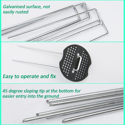 100PCS Galvanized Steel Garden Stakes with 100PCS Gasket, Heavy Duty Landscape Pegs of Anti Rust U Shaped for Securing Artificial Grass Weed Ground Cover, Fabric Matting