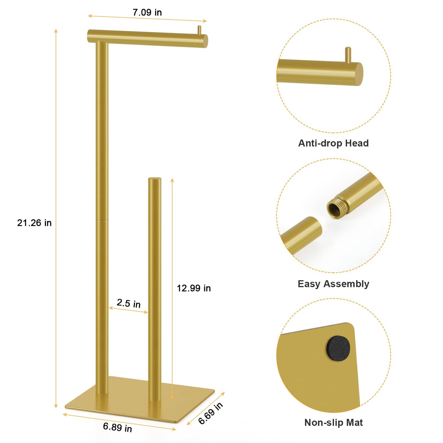 Toilet Paper Holder Stand Flash Gold Free Standing TP Holder, Metal Toilet Paper Roll Holder with Reserve Bathroom Tissue Storage Holder, Beige Gold