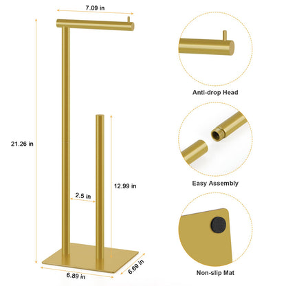 Toilet Paper Holder Stand Flash Gold Free Standing TP Holder, Metal Toilet Paper Roll Holder with Reserve Bathroom Tissue Storage Holder, Beige Gold