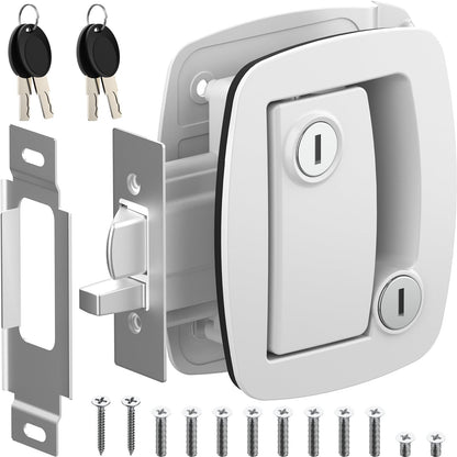 WELLUCK RV Door Lock Replacement with Paddle Deadbolt, 100% Metal Camper Door Latch Handle Lock, RV Entry Door Lock for Camper Horse Travel Trailer Cargo Hauler, Black, Not Key Alike White
