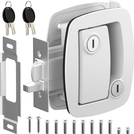 WELLUCK RV Door Lock Replacement with Paddle Deadbolt, 100% Metal Camper Door Latch Handle Lock, RV Entry Door Lock for Camper Horse Travel Trailer Cargo Hauler, Black, Not Key Alike White