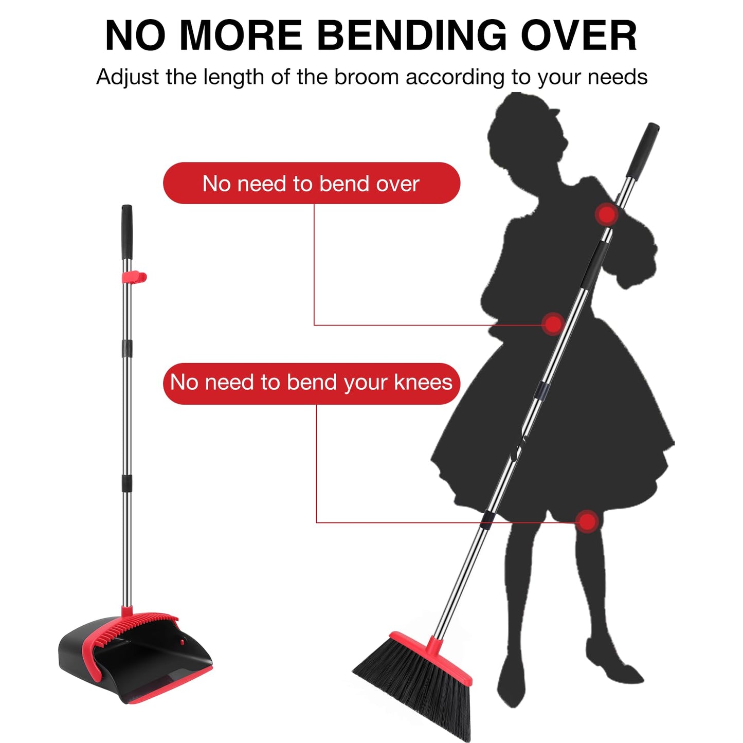 Broom and Dustpan Set, 52-in Long Adjustable Handle Broom Dustpan Combo with Dustpan Teeth to Automatically Clean Hair Suitable for Home Kitchen Office Hall Floor（Black&Red）