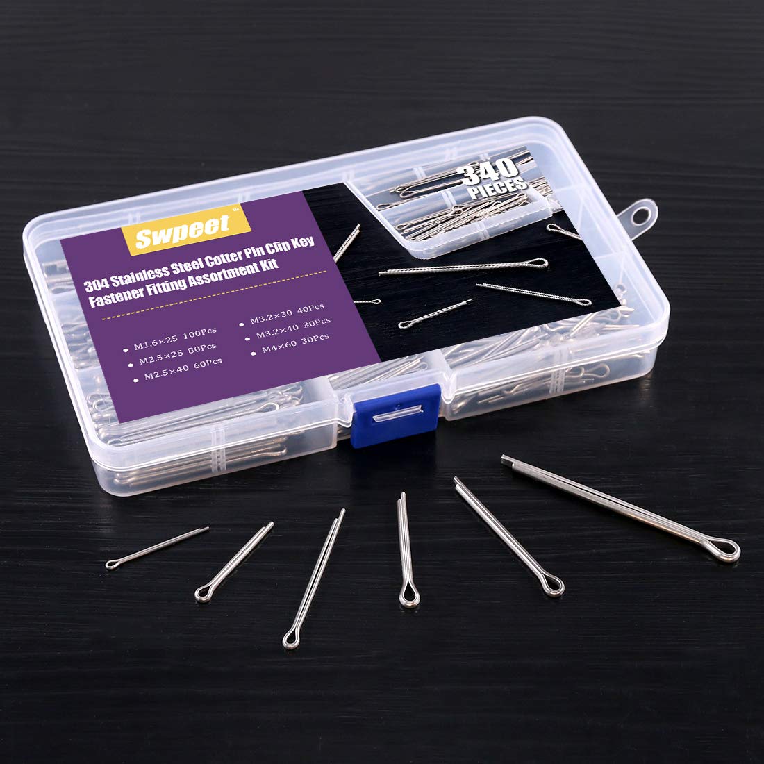 Swpeet 340Pcs 304 Stainless Steel Cotter Pin Clip Key Fastener Fitting Assortment Kit Perfect for Automotive Mechanics Small Engine Repair