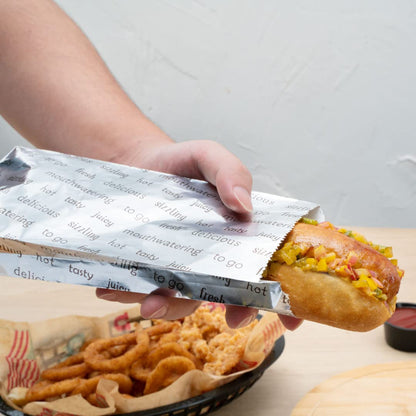 Restaurantware-Bag Tek 3.7 x 1.2 x 9.2 Inch Hot Dog Bags, 100 Small Hot Dog Wrappers - Greaseproof, Freezer-Safe, Printed Foil Accessories, Heat-Resistant, Non-Vented