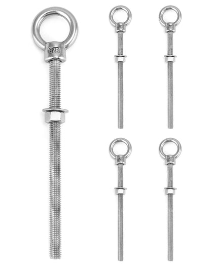 QWORK Threaded Eyebolts, 5 Pack 3/8" x 6" Long Stainless Steel Marine Grade Shoulder Eye Bolt