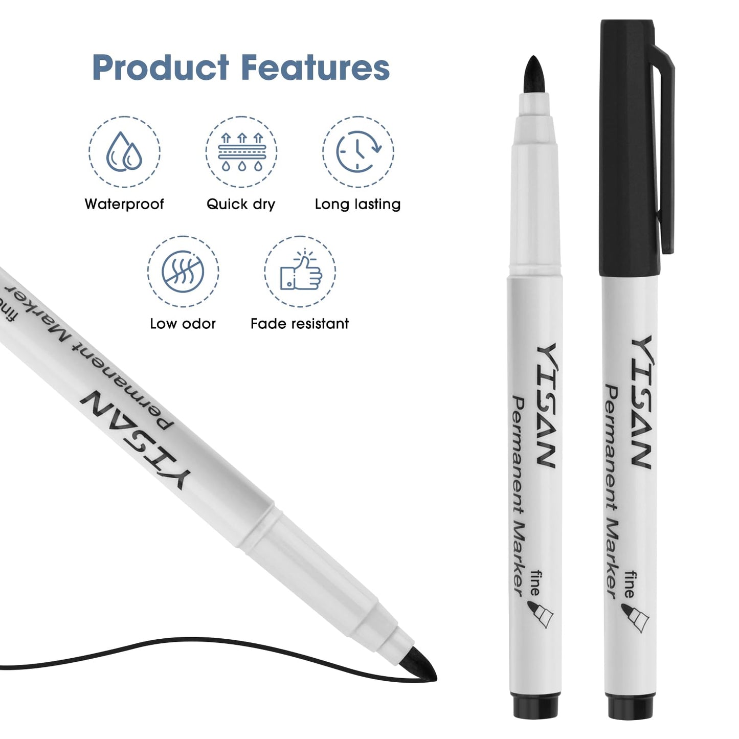 YISAN Permanent Markers Bulk,72 Pack Fine Tip Black Permanent Markers,Quick Drying Ink,Works on paper,Plastic,Stone,Glass,Metal,71501