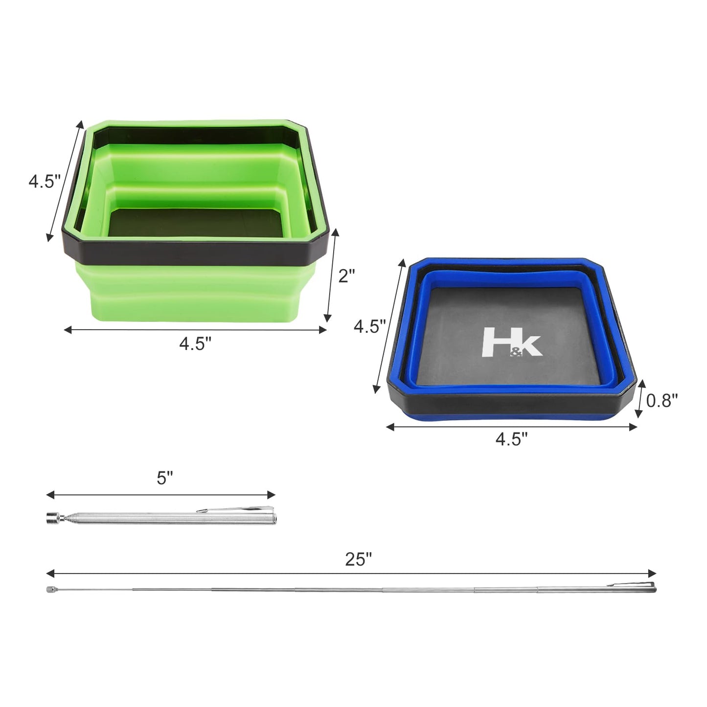 Collapsible Magnetic Trays, 4 Pack Foldable Silicone Magnetic Tool Trays for Small Metal Parts, Bolts, Screws, Nuts, Washers, with Telescoping Magnetic Pick-Up Tool, 4.5in Square