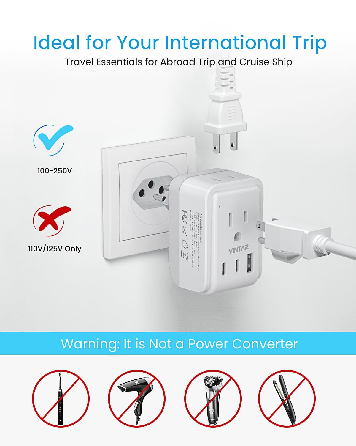 1 Pack Brazil Travel Adapter, VINTAR Foldable Type N Plug Adapter with 2 AC Outlets 3 USB Ports(2 USB C), Brazil Outlet Power Plug for Canada to Brazilian