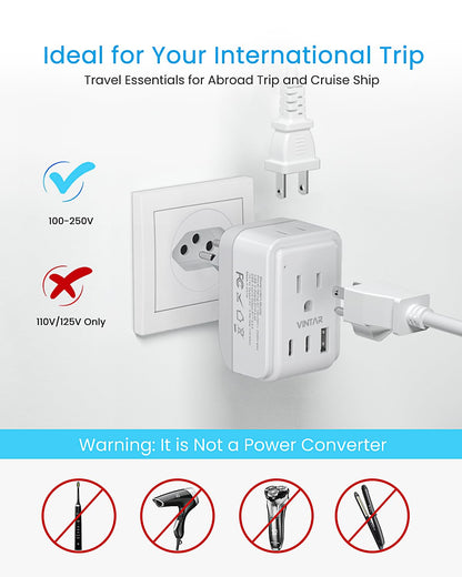 1 Pack Brazil Travel Adapter, VINTAR Foldable Type N Plug Adapter with 2 AC Outlets 3 USB Ports(2 USB C), Brazil Outlet Power Plug for Canada to Brazilian