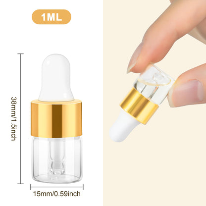 Mini Glass Dropper Bottle for Essential Oil,1ml Small Clear Sample Dropper Vails with Gold Cap,Perfume Cosmetic Liquid Containers for Traveling (1ml, 100pcs)
