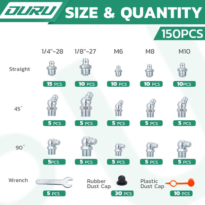 OURU 150PCS Grease Fittings Assortment, SAE & Metric Zerk Grease Fittings Straight 45 90 Degree with Grease Fitting Caps & Wrench Kit(7-11mm) for Grease Gun