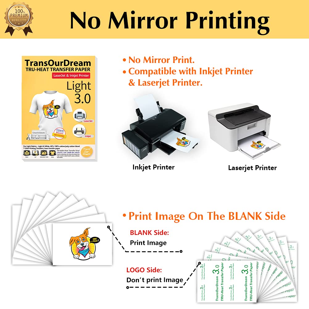 TransOurDream Printable HTV Heat Transfer Vinyl for Inkjet & Laser Printer (25 Sheets 8.5x11", Light 3.0) Iron on Vinyl for Light & White Fabrics Heat Transfers Paper for T Shirts (L3-25)