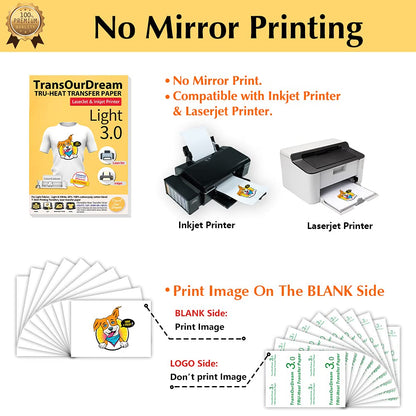 TransOurDream Printable HTV Heat Transfer Vinyl for Inkjet & Laser Printer (25 Sheets 8.5x11", Light 3.0) Iron on Vinyl for Light & White Fabrics Heat Transfers Paper for T Shirts (L3-25)