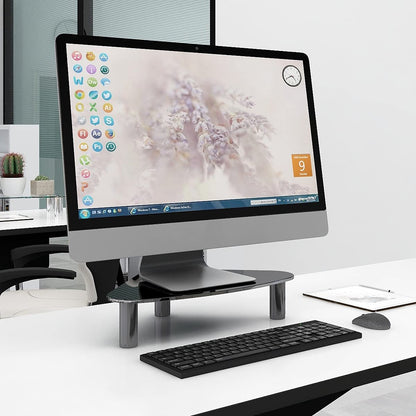Tempered Glass Computer Monitor Riser | Triangle Save Space Desktop Corner Stand for Computer Monitor & Laptop Black HD01B-003