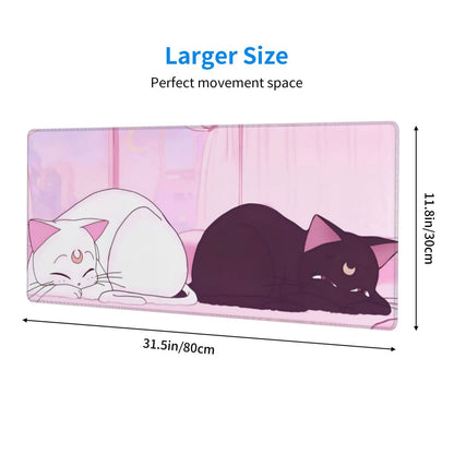 Anime Kawaii Gaming Mouse Pad Cute White Cat Black Cat Large Desk Office Decor Exclusive Beautiful Girls Mouse Pad for Women Mouse Mat Desk Pad 31.5x11.8in Non-Slip Rubber Base with Stitched Edges