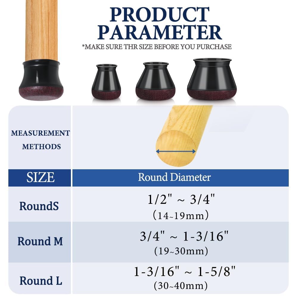 Chair Leg Floor Protectors 32Pcs Silicone Chair Leg Covers. Protective Caps for Chair Legs with Stronger Felt Slide, Avoid Noise and Scratches, Black Round S Fit 1/2" ~ 3/4" (14~19mm)