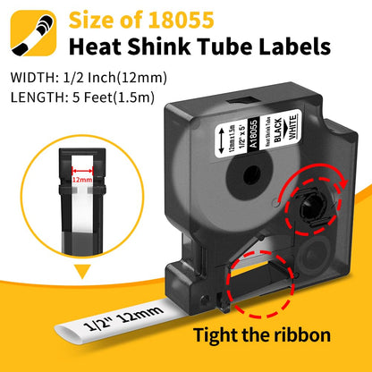 Rhino 18055 Heat Shrink Labels12mm, Replacement for Dymo Rhino Label Maker Heat Shrink Tubes Work with Industrial Label Maker 4200 5200 5000 6000 3000, Black on White, 1/2" x 5', 3-Pack