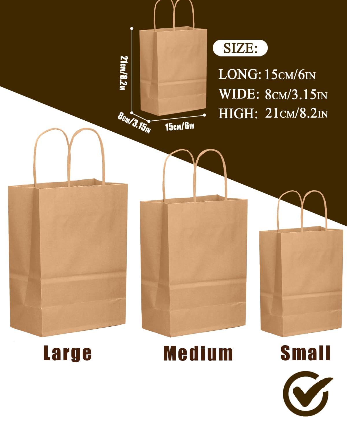 qiqee 50-Packs Brown Paper Gift Bags with Handles Bulk 8.3"x3"x 6" Small Size Paper Bags Multiple Uses(15x8x21cm,Small Size)