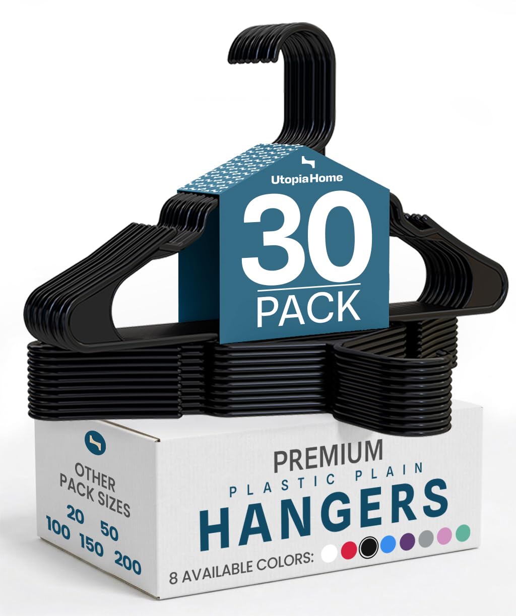 Utopia Home Plastic Hangers, 30 Pack, Clothes Hangers with Shoulder Grooves, Durable Space Saving Coat Hanger for Shirts, Pants, Skirts, Jackets, Blouses, Dresses and Everyday Wardrobe Use (Black)
