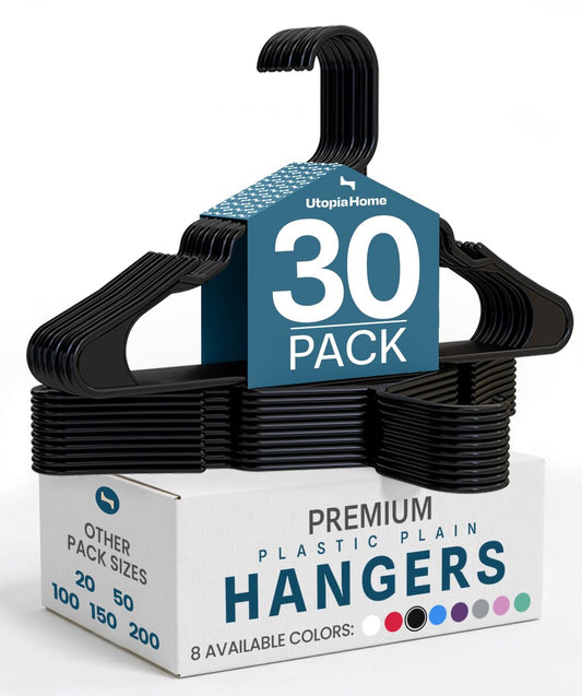 Utopia Home Plastic Hangers, 30 Pack, Clothes Hangers with Shoulder Grooves, Durable Space Saving Coat Hanger for Shirts, Pants, Skirts, Jackets, Blouses, Dresses and Everyday Wardrobe Use (Black)