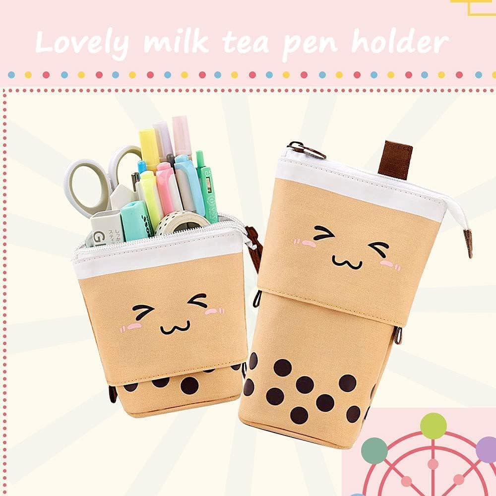 3 Pack Cute Pencil Case Standing Pen Holder Standing Pencil Case Cute Telescopic Kawaii Stationery Pouch Makeup Cosmetics Bag for School Students Office Teens Girls Boys (Pink Brown Blue)