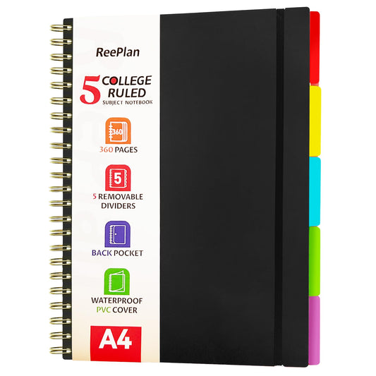 A4 Spiral Notebook 360 Pages, 5 Subject College Ruled Notebook with Removable Dividers, 100 GSM Thick Paper Journal for School Office Work Writing (Black)