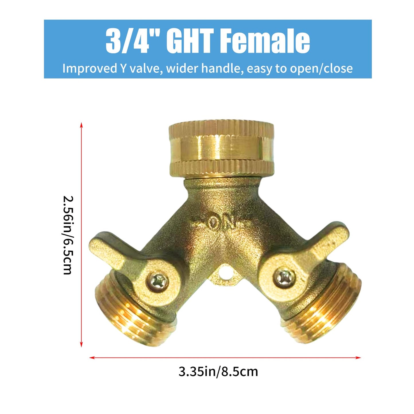 Anxingo 2 Way Heavy Duty Brass Garden Hose Connector Splitter Y Shut Off Valve for Lawn and Garden, Outlet Hose Splitter, Hose Spigot Adapter with 2 Valves, 3/4" GHT Thread 4 Rubber Washers