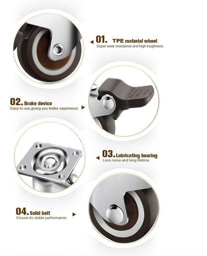 MUDUO 4 Pack Side Mount Casters with Brake 2'' L Shape TPE Plate Casters Small Caster Wheels Furniture Casters 360 Degree Swivel Wheels for Table, Baby Bed, Carts Trolley, Cabinet