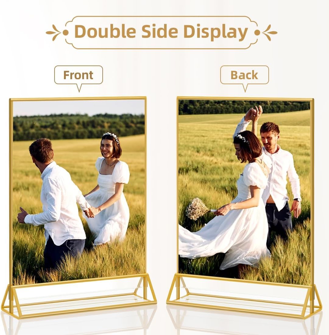 Sign Holders, 6 Pack 5"*7" Acrylic Display Stand for Christmas Party Wedding Table Number, Golden Double Sided Menu Holder, Photo Holder, Clear Picture Frame Flyer Holder For Office Business Store