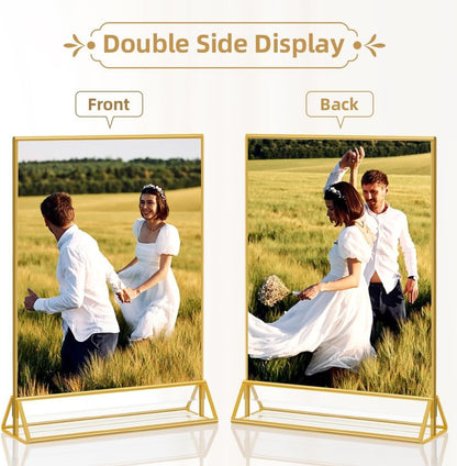 Sign Holders, 6 Pack 5"*7" Acrylic Display Stand for Christmas Party Wedding Table Number, Golden Double Sided Menu Holder, Photo Holder, Clear Picture Frame Flyer Holder For Office Business Store