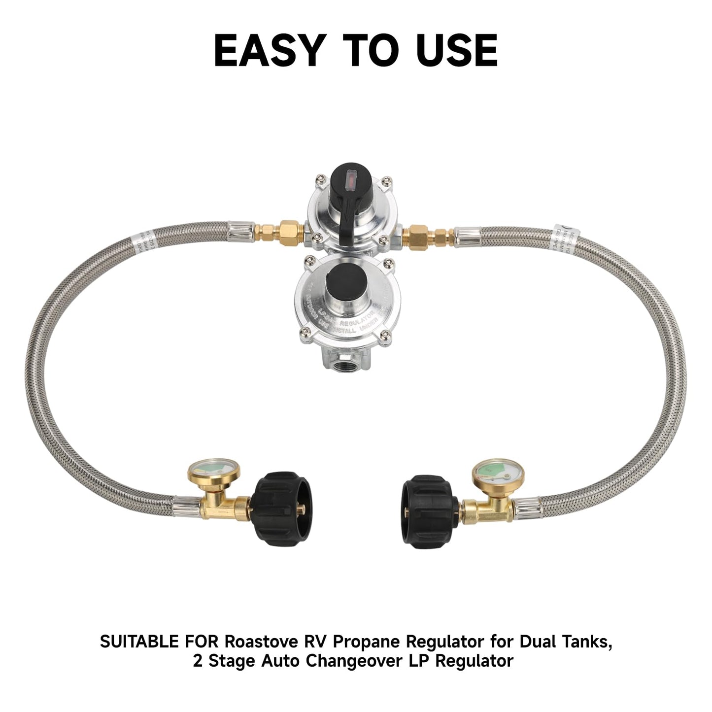 Roastove 15 Inch Stainless Braided RV Propane Pigtail Hose with 1/4 Inch Male Inverted Flare Fitting,for Standard Two-Stage Regulator, 2PACKS,with Gauge
